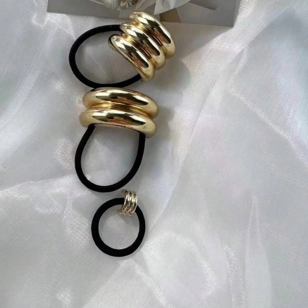 Brand New - 3 Set Boho Gold Scrunchie Hair Tie Accessory Set